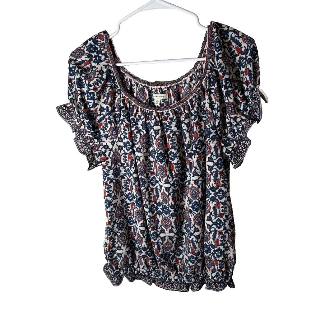 Max Studio Blouse Women's XL Short Sleeve Career Printed Ruffle Top Shirt